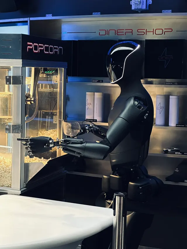 Optimus at a popcorn machine at Tesla Diner